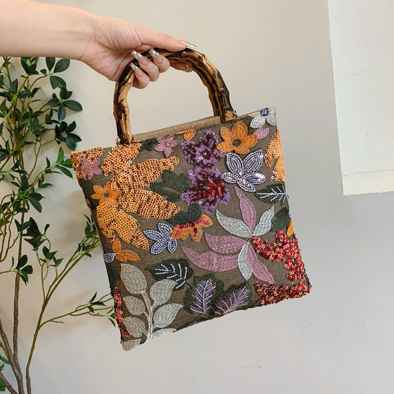 Vintage Embroidered Colorful Sequin Bamboo Handbag