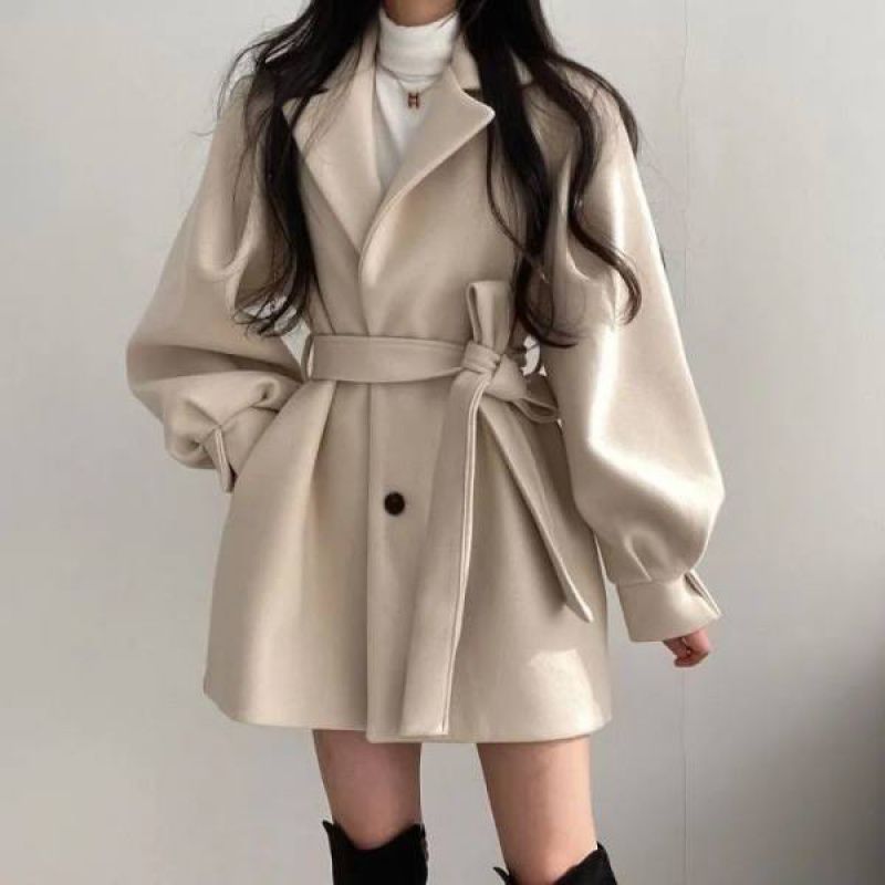 Women's Loose Woolen Coat with Suit Collar Mid-Length Small Wool Jacket