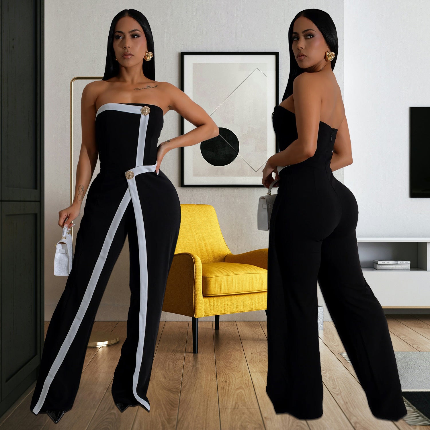 Combinaison Pantalon Large Tubulaire Dos Nu Noire Sexy pour Femmes
