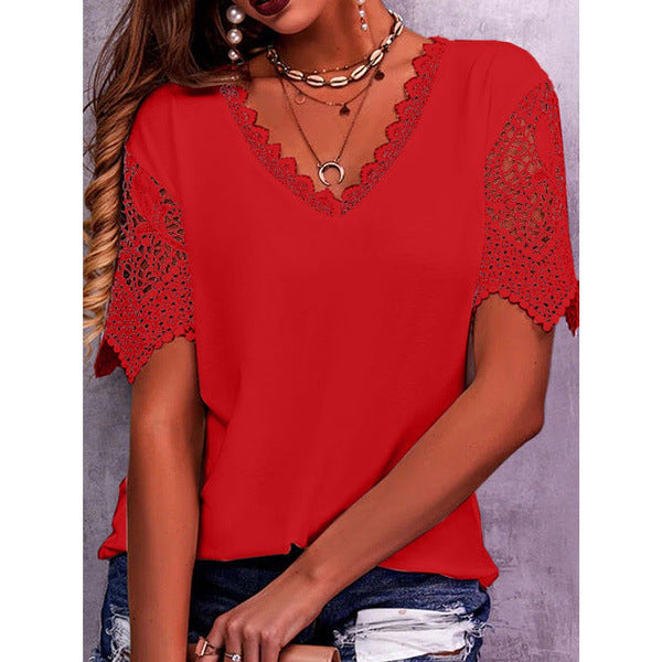 Women’s Summer Lace V Neck Loose Short Sleeve Casual Tops