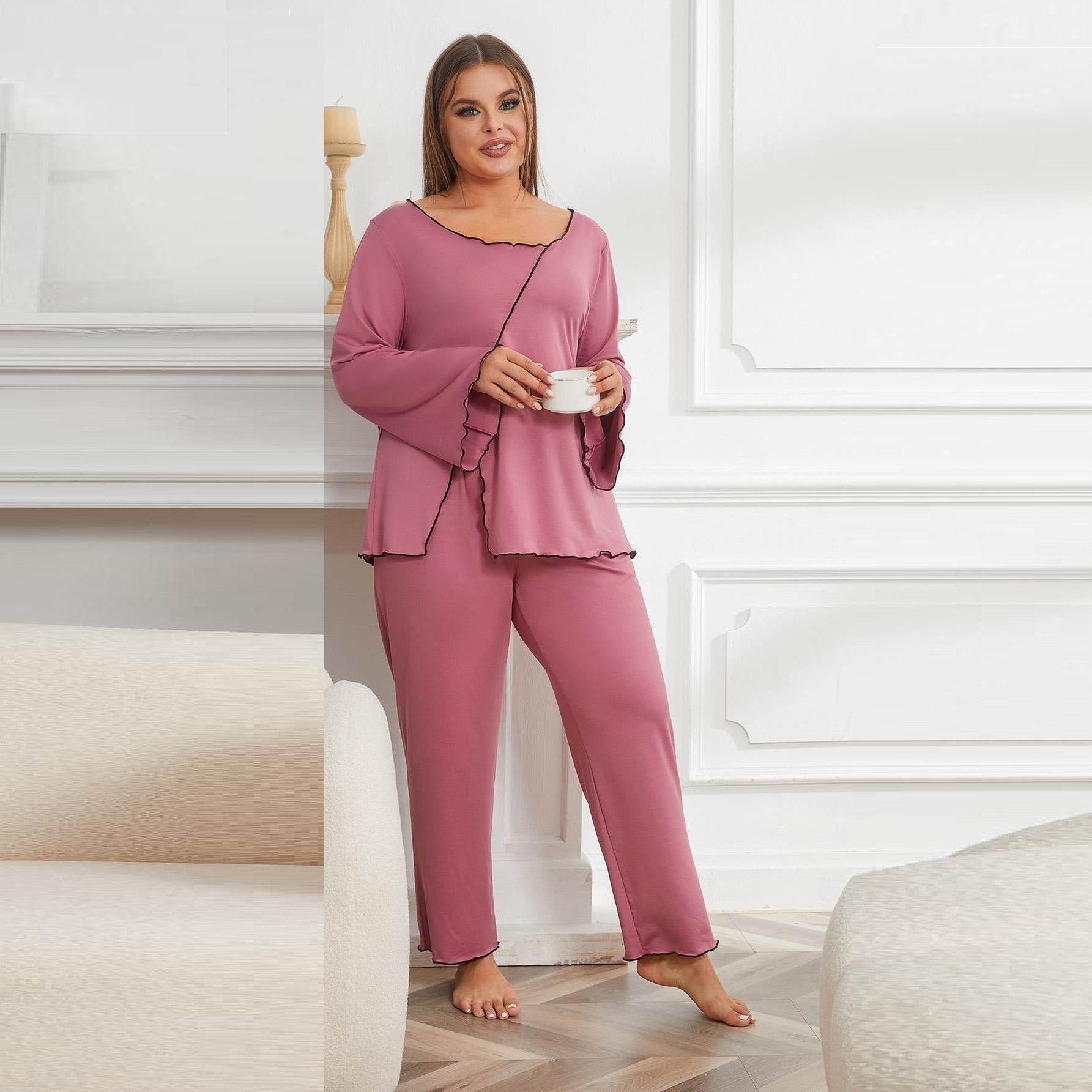 Striped Split Long Sleeve Plus Size Homewear Suit Pink Polyester
