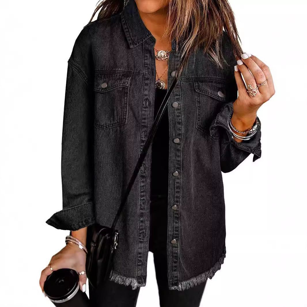 Washed Denim Shirt Women’s Street Style Frayed Hem Coat