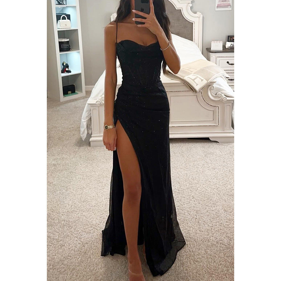 Robe longue d'été sexy à col en V fendue avec bretelles pour femmes