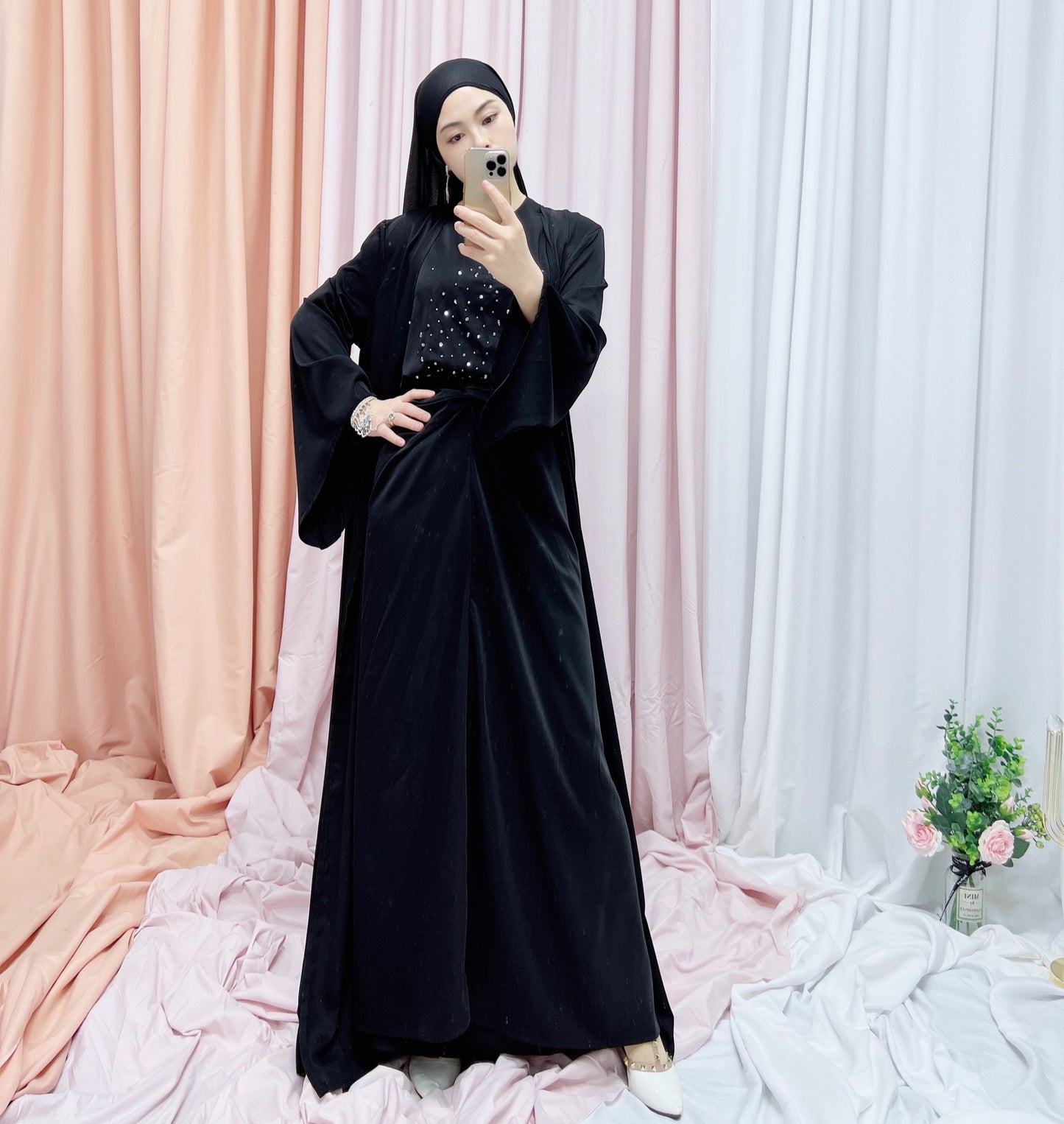 Muslim Women's Solid Color Fashion Beaded Three Piece Suit