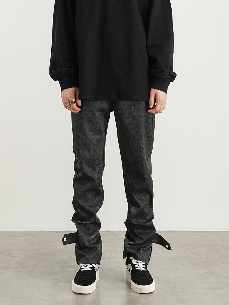 Black Snakeskin PU Button Straight Leather Pants