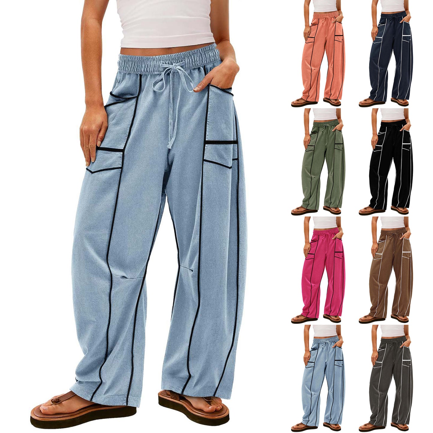 Y2K Black Striped Wide-Leg Cotton Pants with Pockets and Drawstring for Women