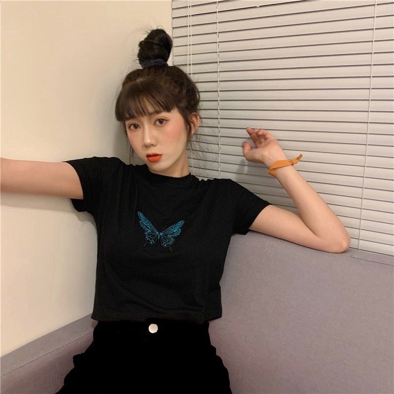 Women's Short-Sleeve Butterfly Print Cotton Blend Crop Top