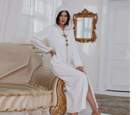 Pure Color Beaded Brick Middle Eastern Robe Dress Hooded Dress