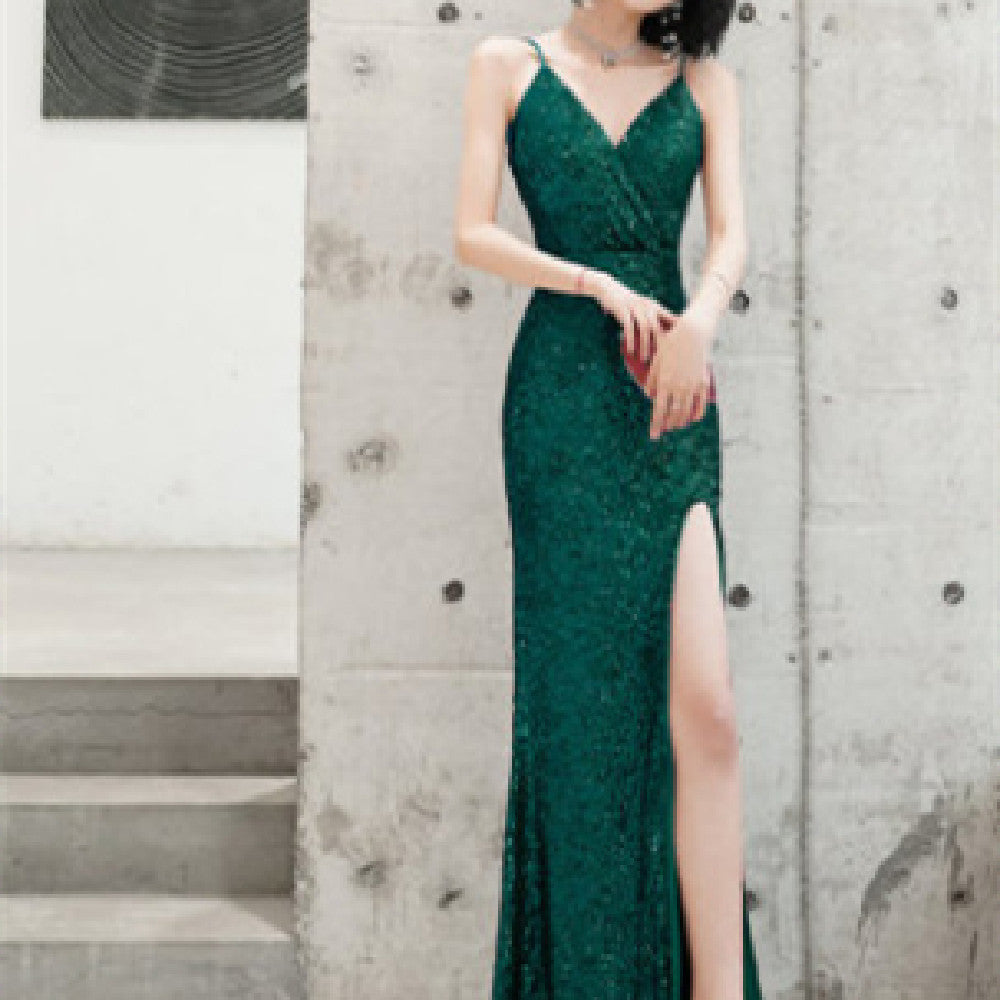 Women's Sequined Fishtail Split Dress in Green, Black, Wine Red & Champagne, Sizes S-XL