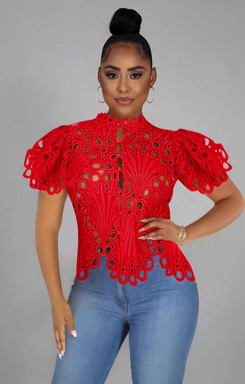 Sexy Cutout See-Through Lace Puff Sleeve Irregular Top for Women