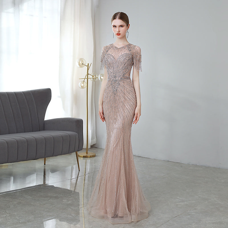 Robe de soirée sirène rose racine de lotus de luxe pour femme