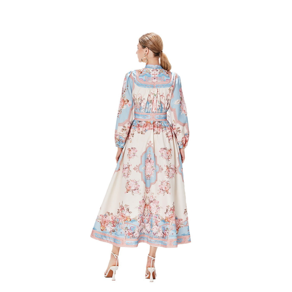 Robe imprimée à manches lanternes simple boutonnage en coton et lin