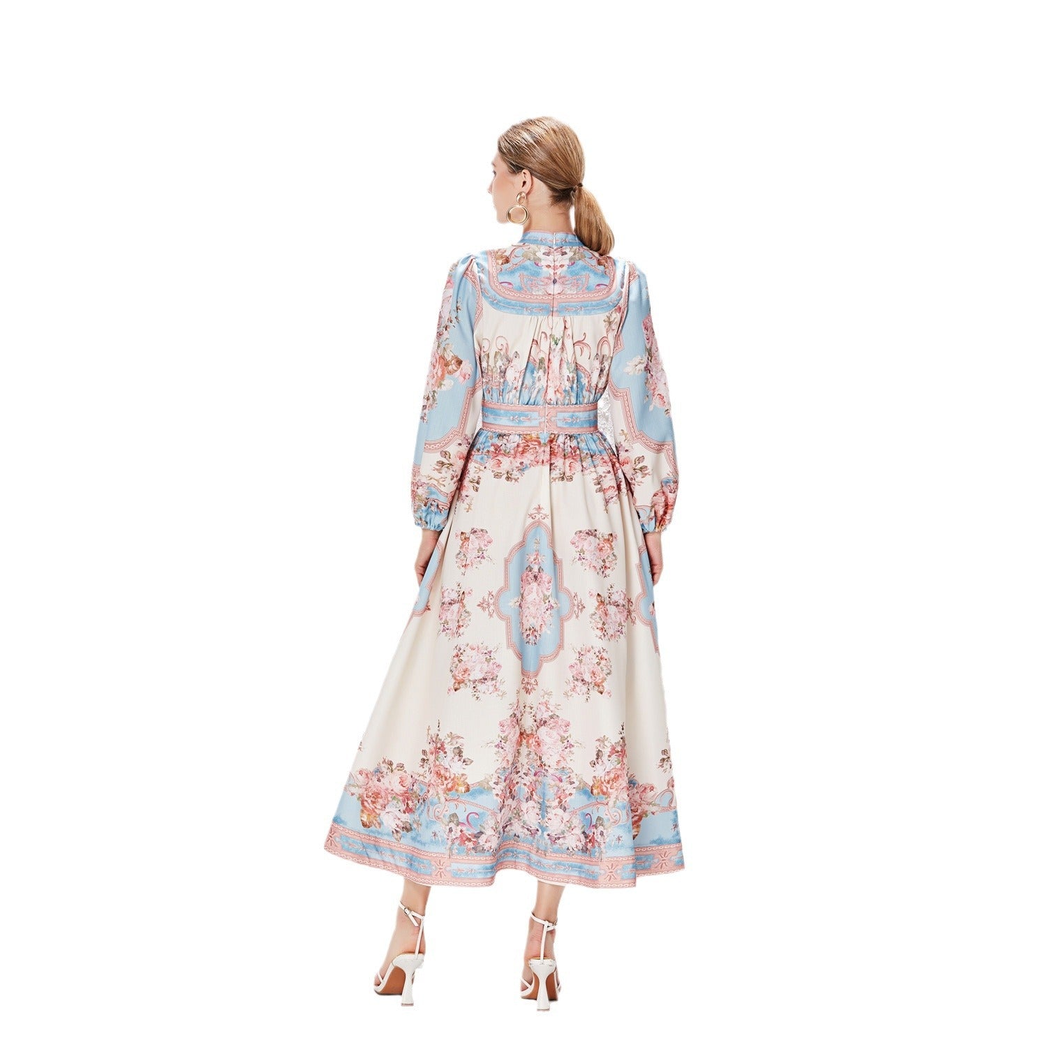 Robe imprimée à manches lanternes simple boutonnage en coton et lin