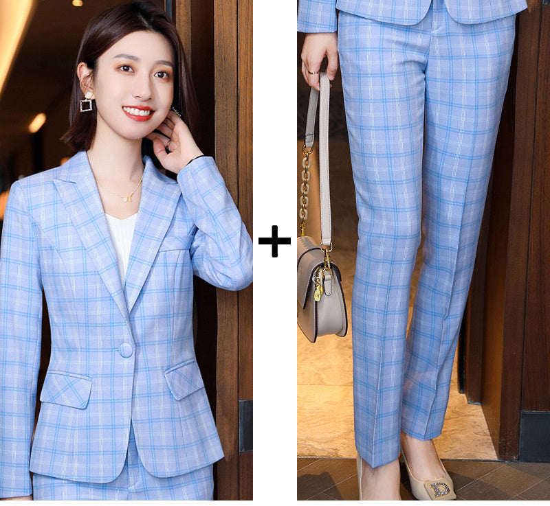 Professional Women's Long-Sleeve Plaid Business Pants Suit