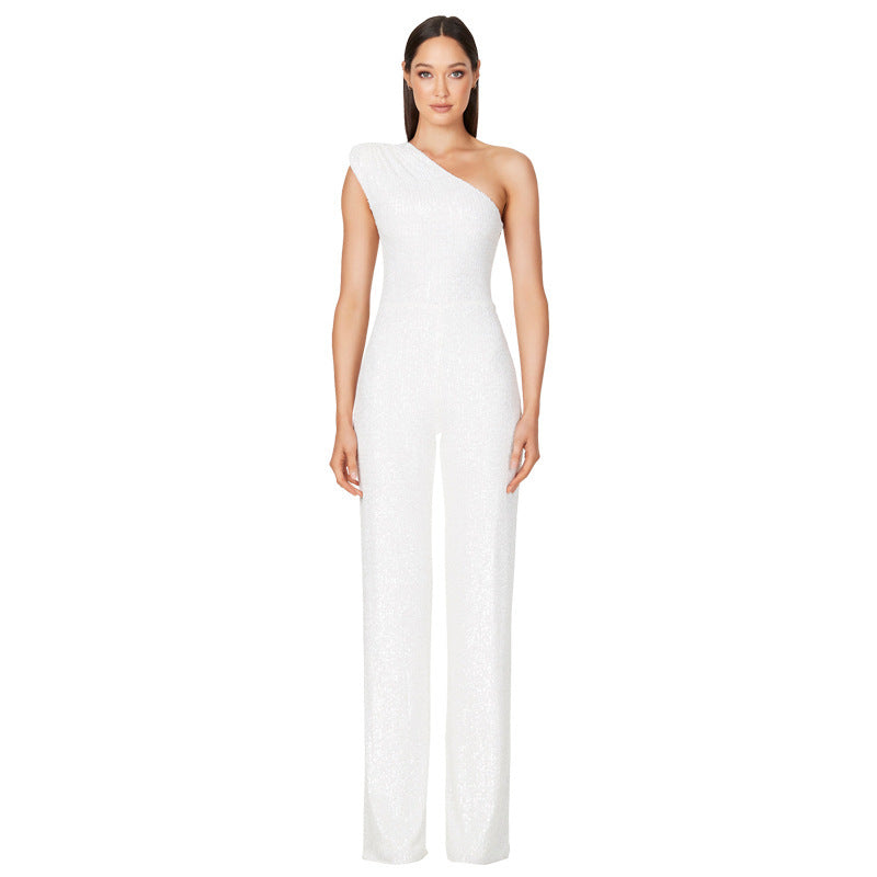 Sleeveless One-Shoulder High Waist Sequined Jumpsuit