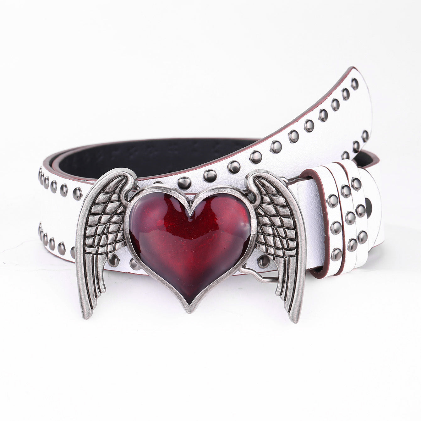 Heart Wings PU Leather Belt with Alloy Buckle, 108cm, Black & White