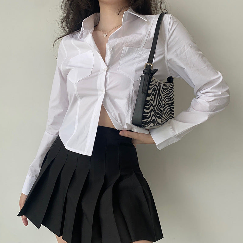 Chemisier Femme Blanc à Revers Manches Longues Printemps-Été Coupe Ajustée Polyester