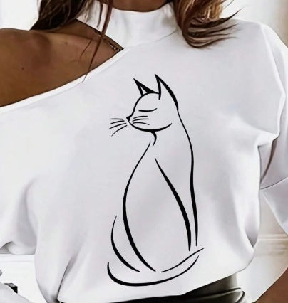 Women's White Long Sleeve T-Shirt With Cartoon Line Pattern & Open Shoulder Design Graphic Tees Women Tops For Spring Outfit