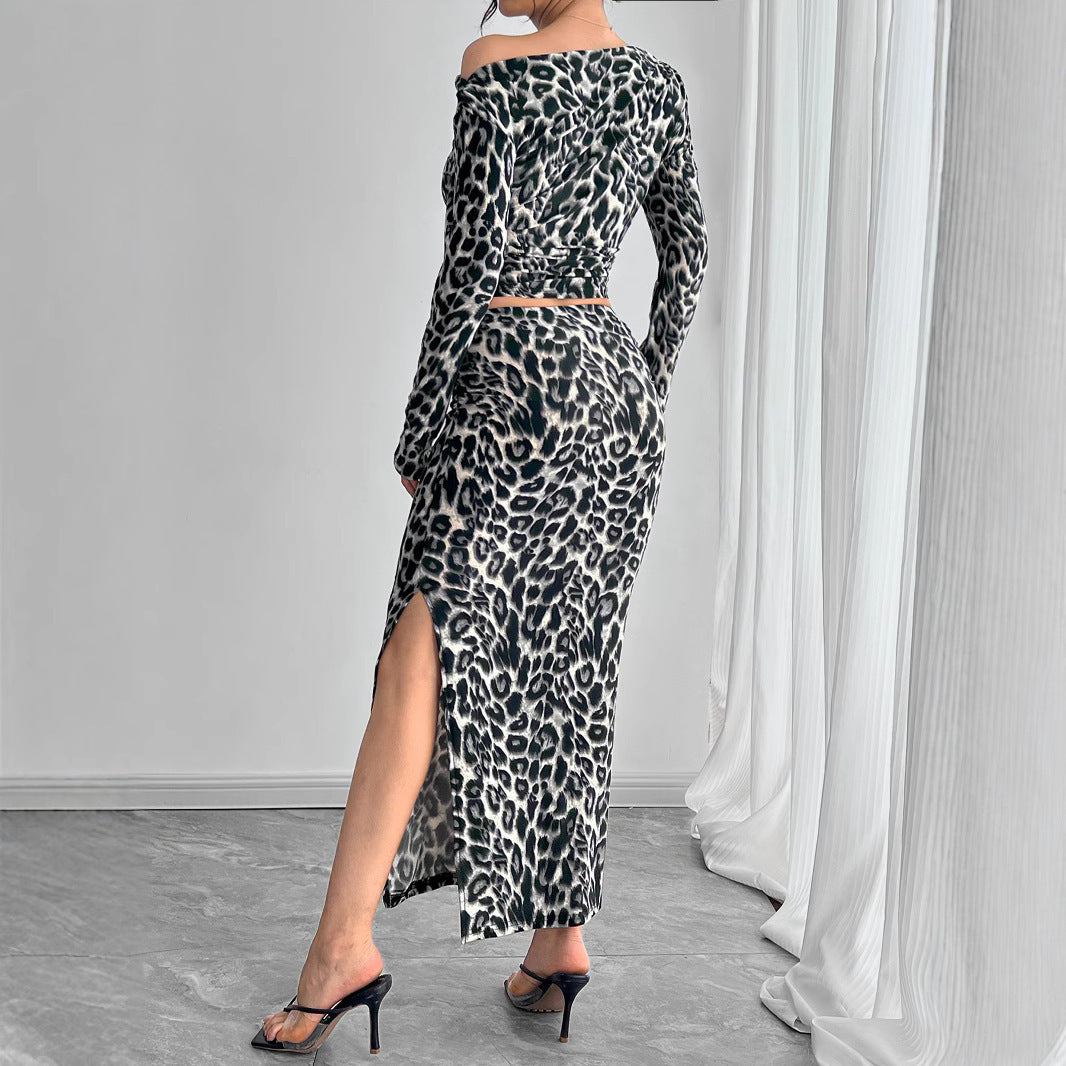 Leopard Print Two-Piece Fitted Maxi Dress Suit in Gray