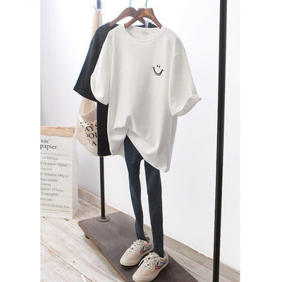 Smiley Face Round Neck Short Sleeve Loose Slimming T-Shirt for Women