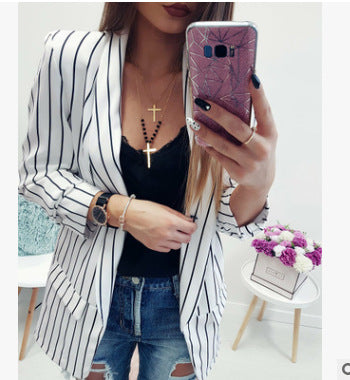 Blazer sexy à manches longues et à rayures, longueur moyenne en coton