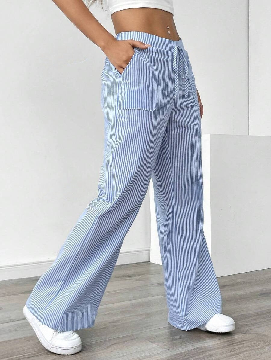 Striped Wide Leg Trousers with Pockets Casual Loose Pants for Women