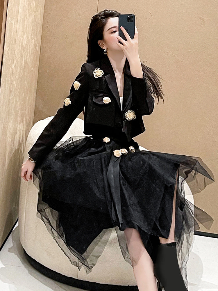 Two-Piece Black Women's Skirt Suit with V-Neck Coat and Irregular Puff Skirt, Sizes S-XL