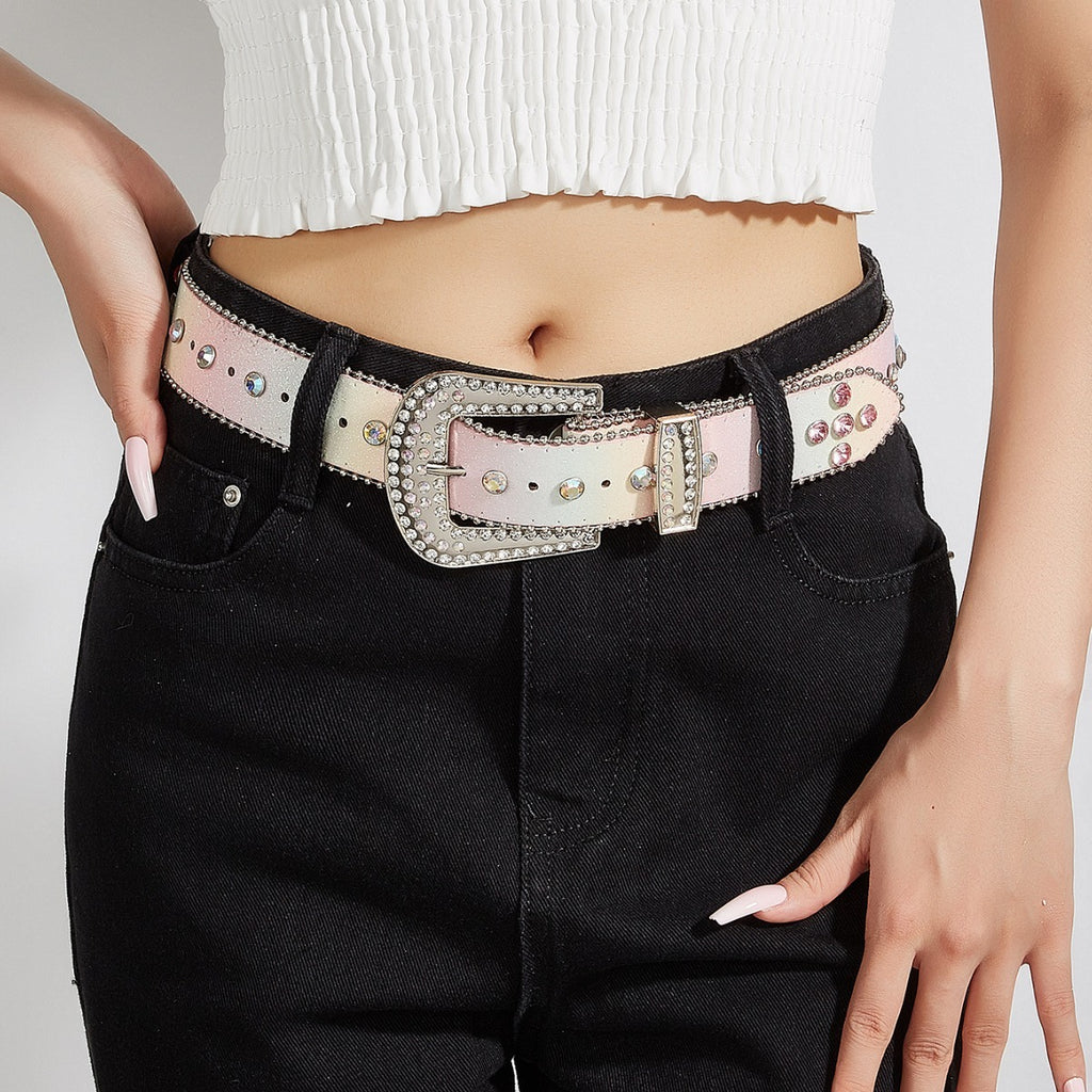 Female Sequined PU Leather Belt with Rhinestone Buckle 105cm