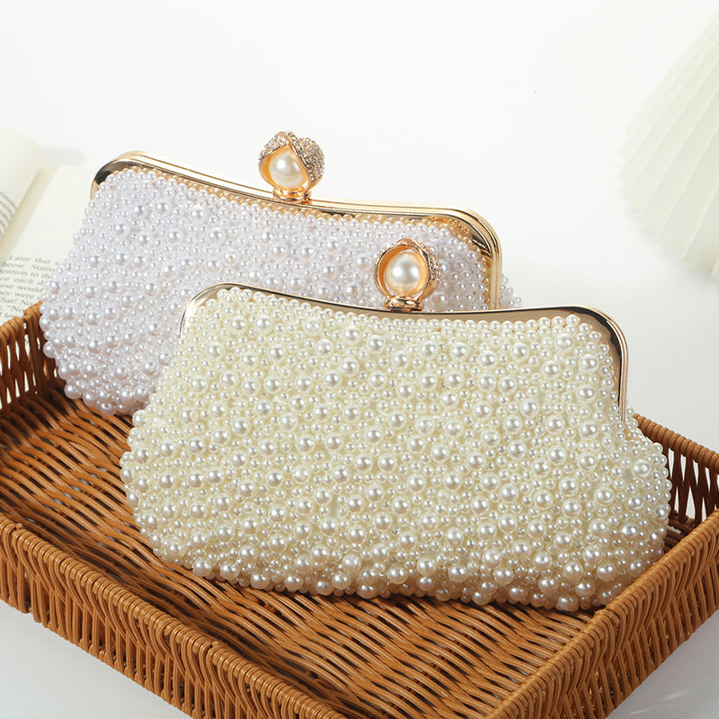 Sac de Soirée Coque Broderie Perle Femme 23x13x3CM Beige & Blanc