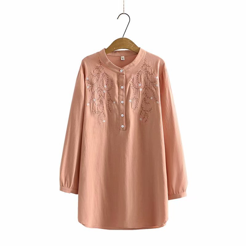 Women's Loose Long-Sleeve Cotton Embroidered Stand-Collar Shirt