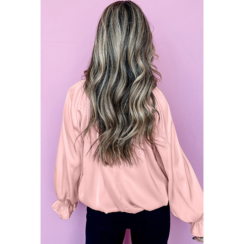 Women's Round Neck Chiffon Pullover with Ruffles and Pleated Long Sleeves