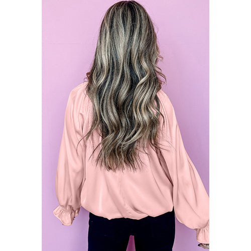 Pull en mousseline de soie à col rond avec volants et manches longues plissées pour femme