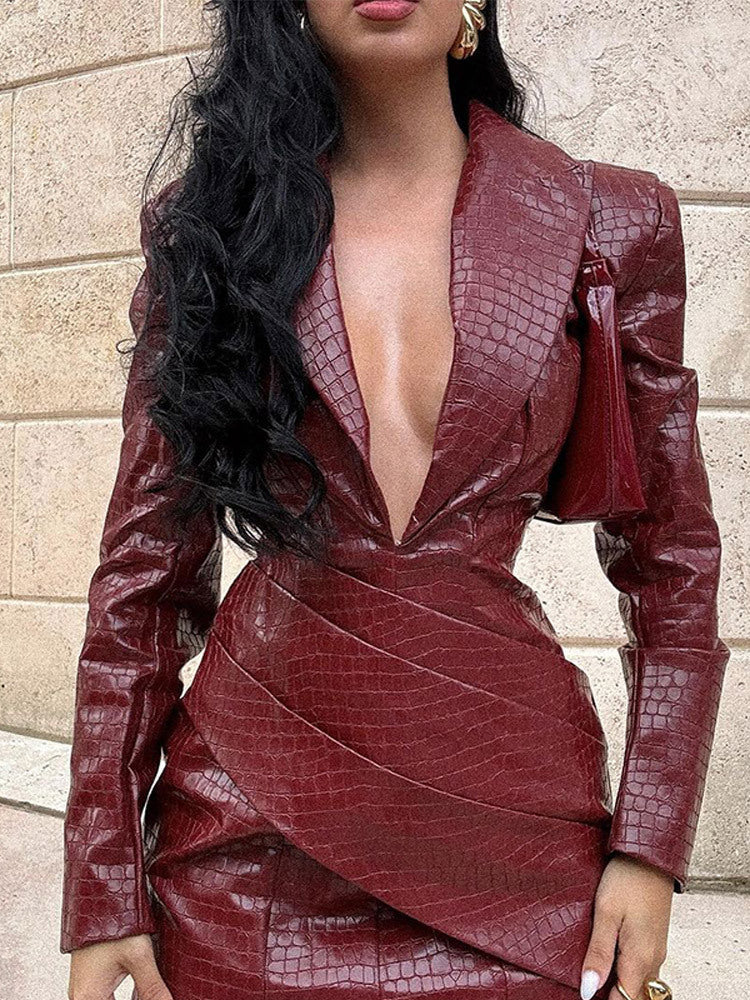 Long Sleeve High Waist Wine Red PU Leather Mini Dress