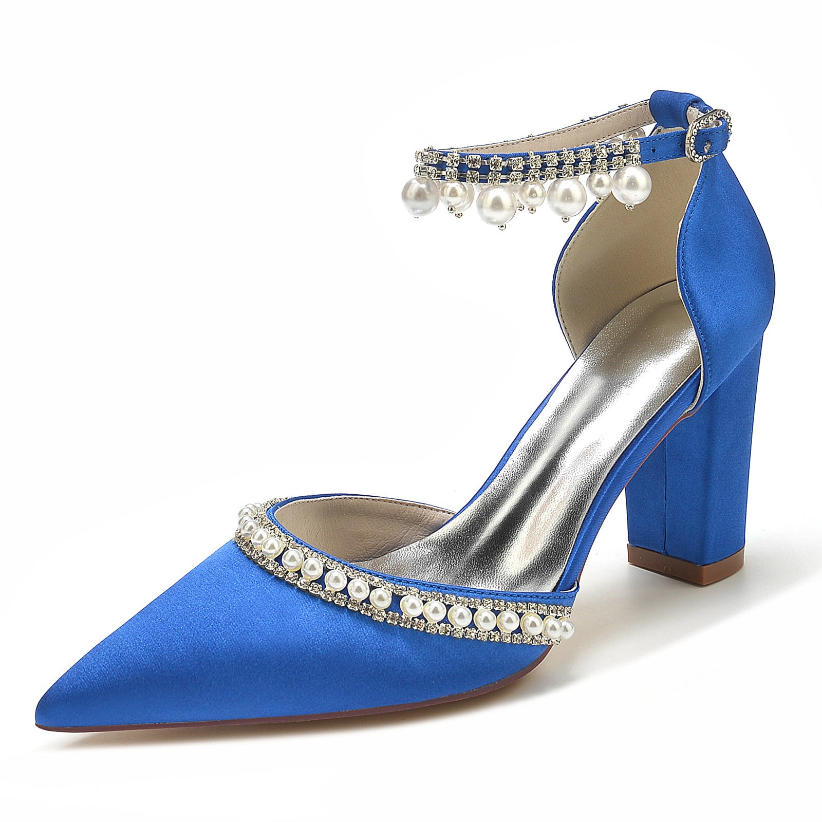 Escarpins à bout pointu en satin avec strass et chaîne, à talon carré