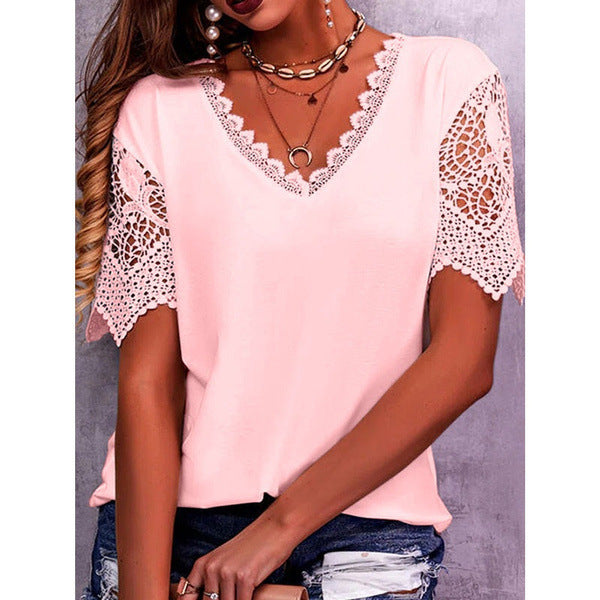 Women’s Summer Lace V Neck Loose Short Sleeve Casual Tops