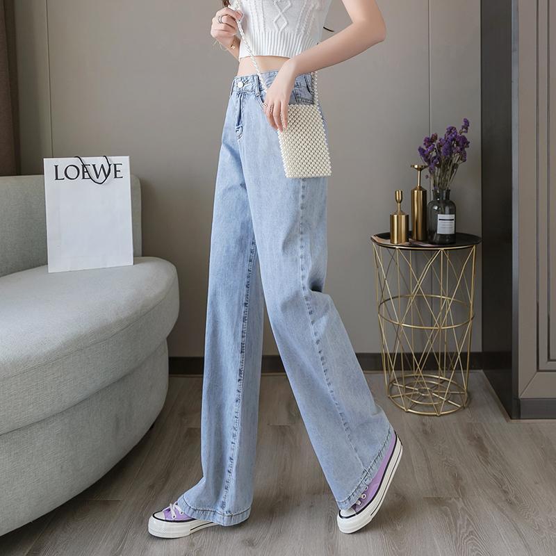 High-Waisted Blue Cotton Straight & Wide-Leg Pants Loose Fit
