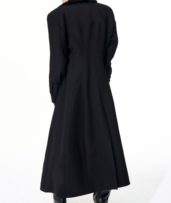 Noble Stitched Lapel Long Trench Coat Blazer in Black