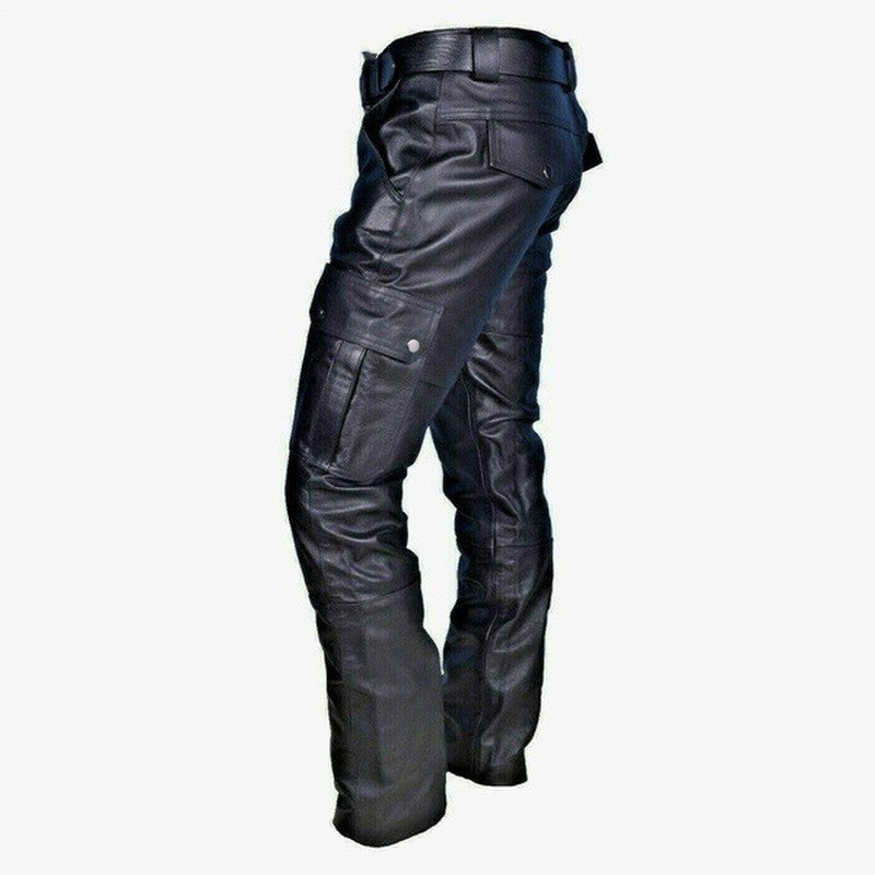 Pure Color Men's PU Strap Casual Leather Pants