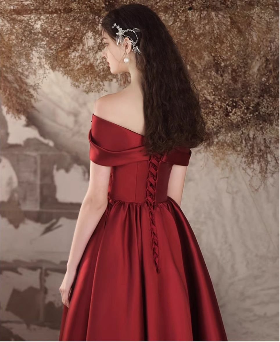 Off-Shoulder Wine Red Satin Toast Wedding Evening Dress