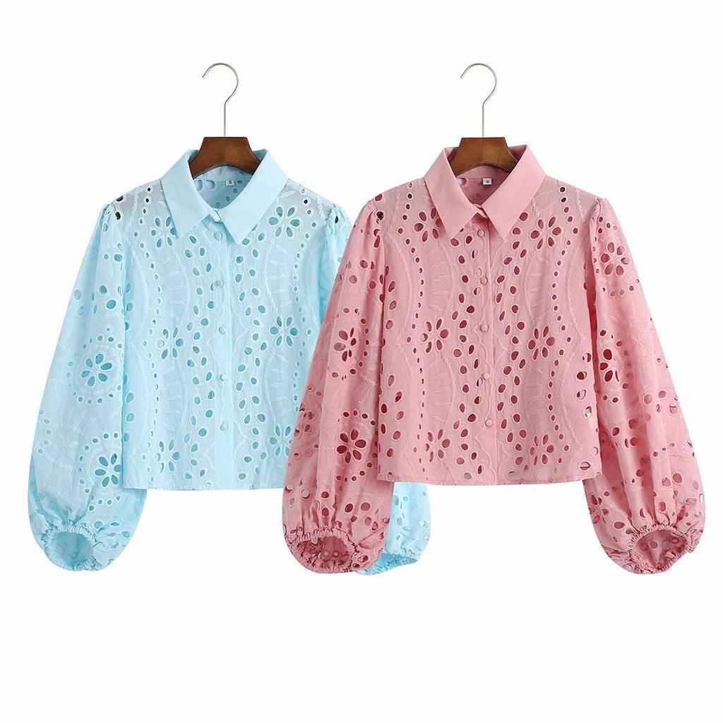 Women's Long-Sleeve Hollow Embroidered Cotton Shirt in Blue & Pink