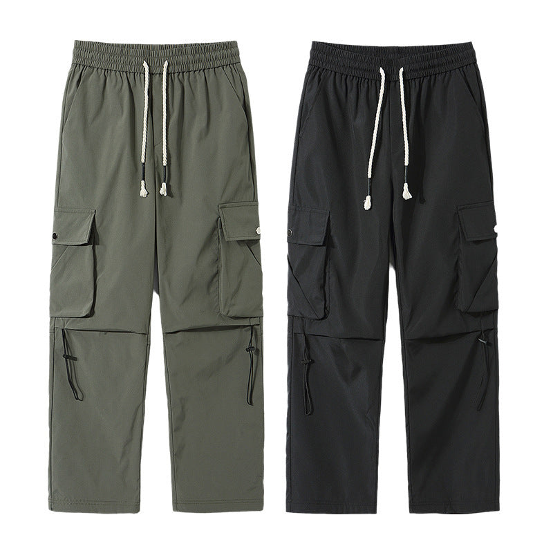 Men's Loose Wide Leg Straight Casual Pants in Black & Green Polyester