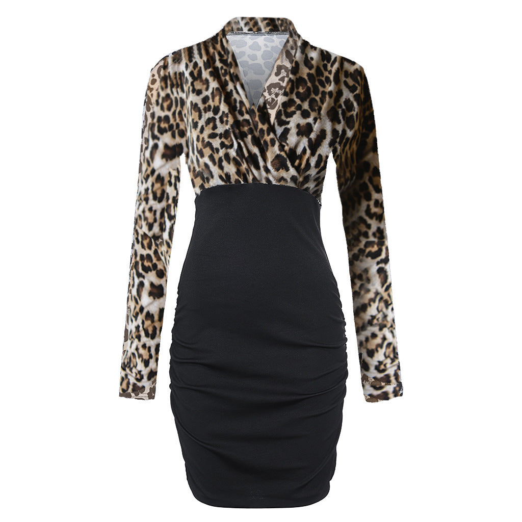 Robe ajustée à manches longues et col en V, avec empiècements léopard pour femme