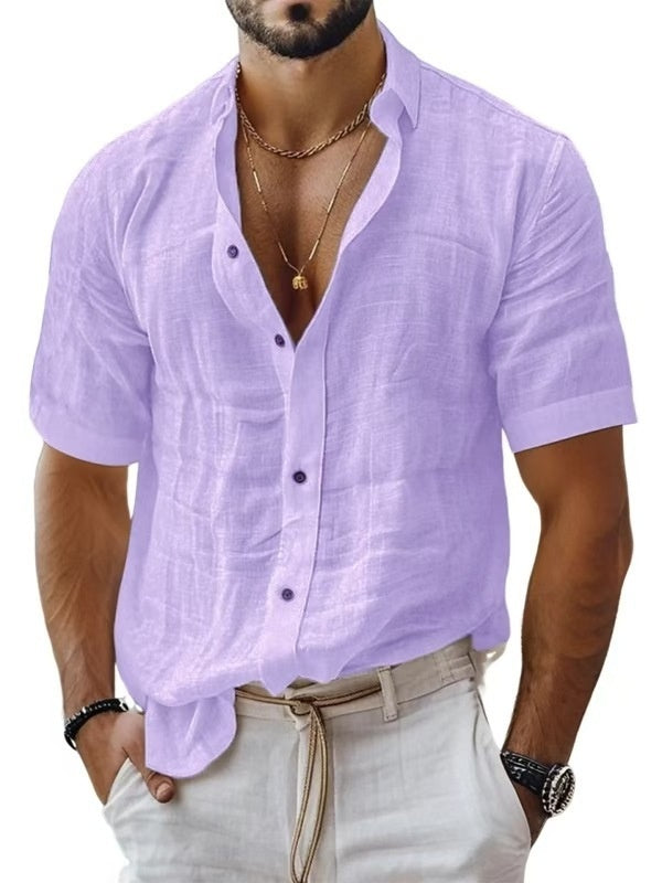 Men's Short Sleeve Cotton Linen Lapel Shirt