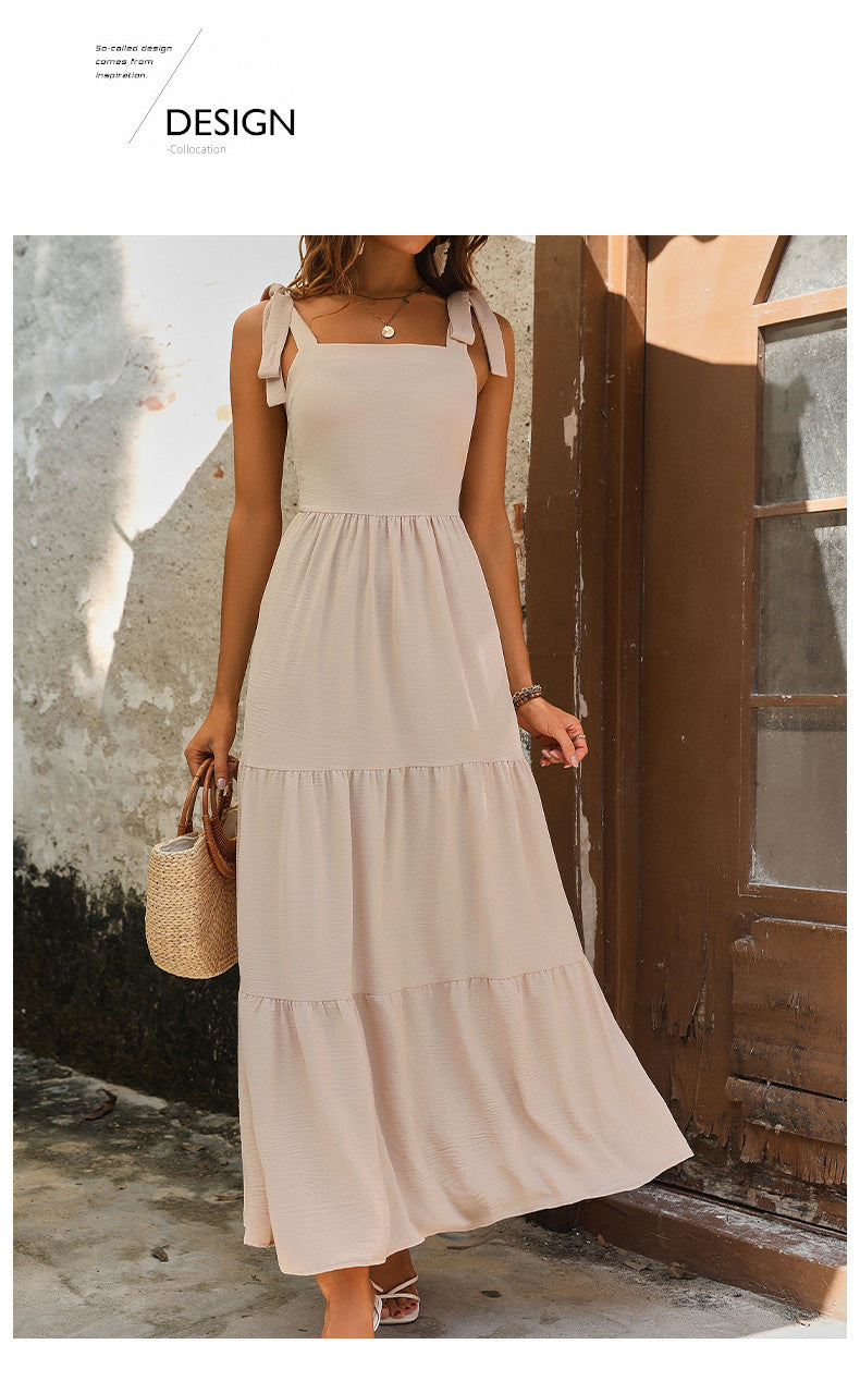 Women's Apricot Backless Solid Color Sling Dress Mid-Length
