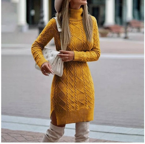 Fashion Turtleneck Knitted Pullover Dress With Slit Winter Warm Solid Color