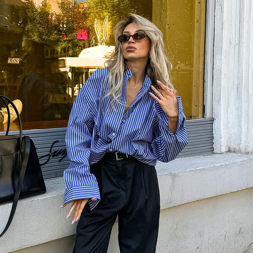 French Style Blue Striped Polyester Shirt with Button Detail