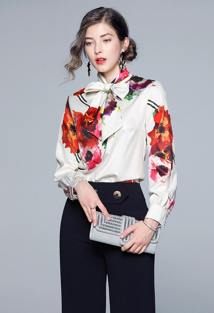Women's White Long Sleeve Shirt with Bow Ribbon Print