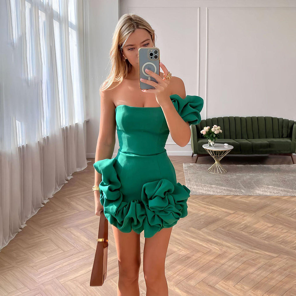 Sexy One-Shoulder Slim Ruffled Flower Bud Short Dress for Evening Party