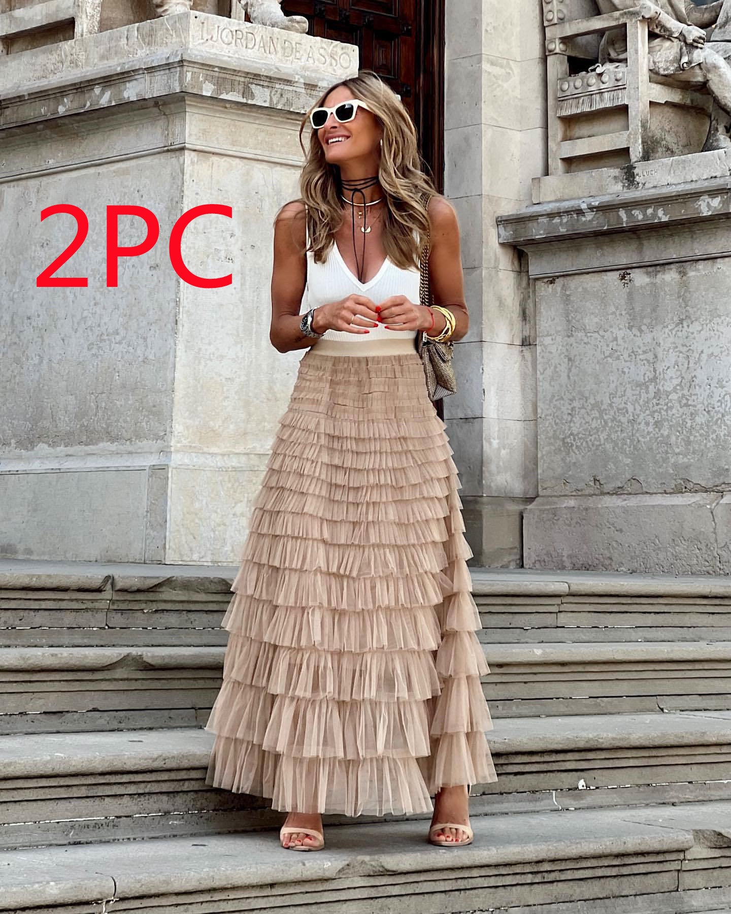 Layered Ruffles Mesh A-Line Swing Skirt Summer Party Dress for Women