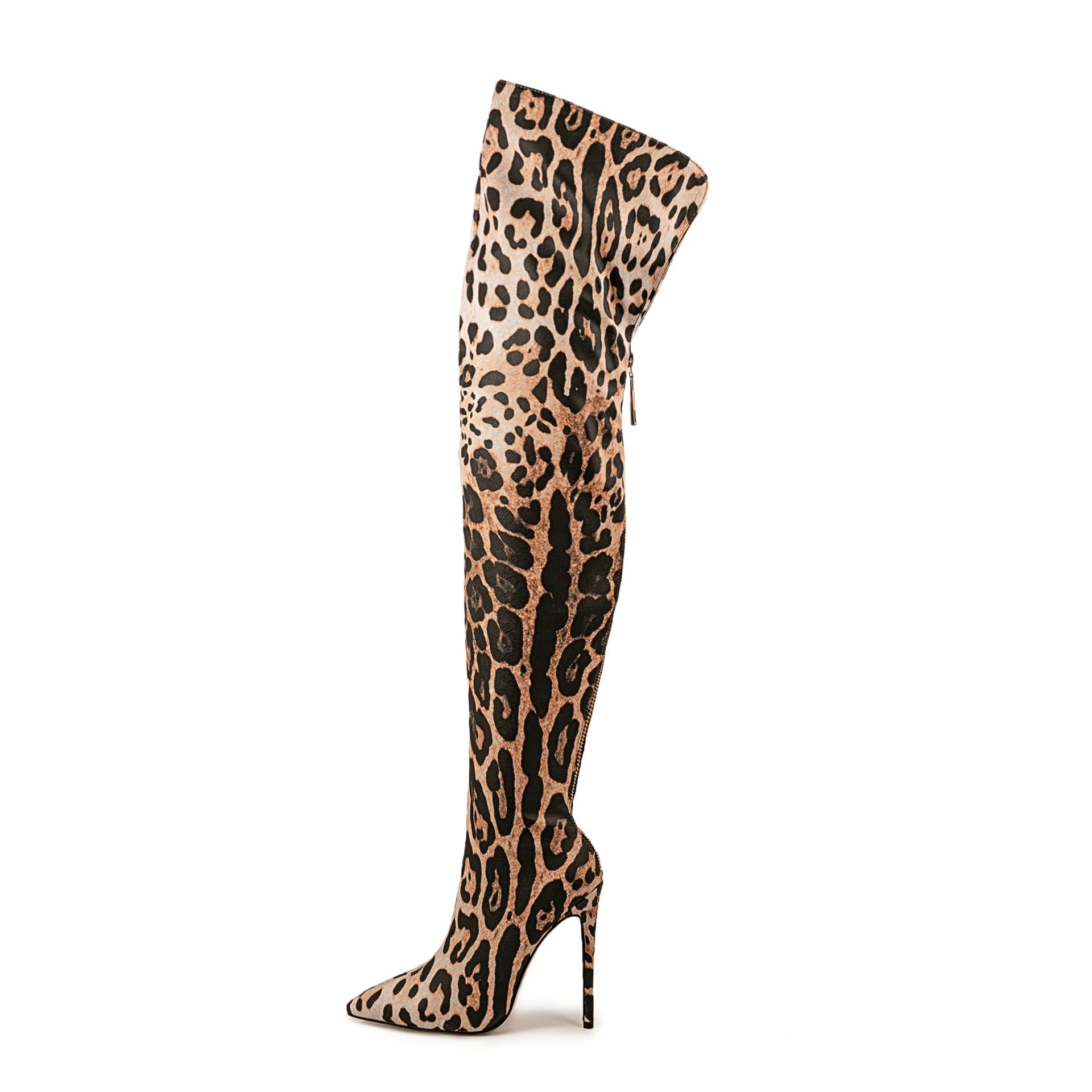 Bottes cuissardes stretch imprimé léopard à talons aiguilles et bouts pointus pour discothèque et pole dance